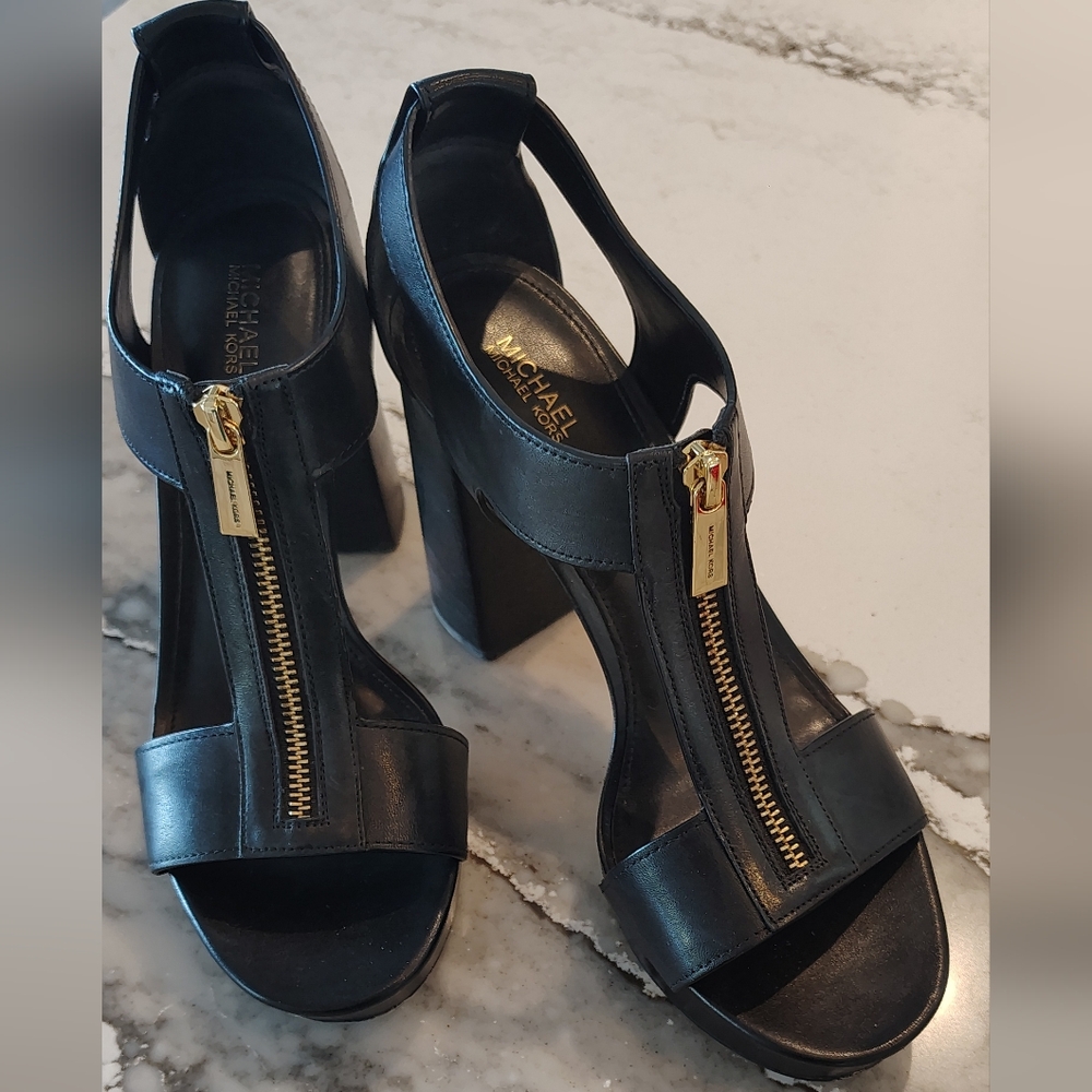 Michael Kors Black Leather Zip-Front Platform Sandals - Picture 2 of 8